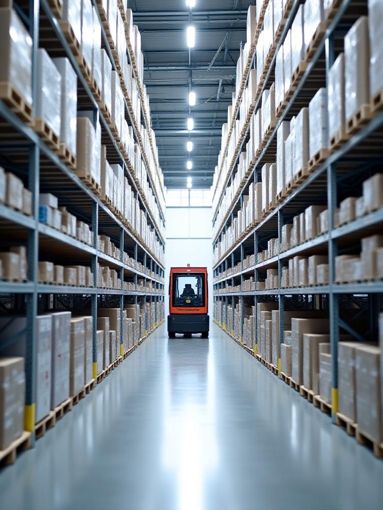 Modern semi-automated warehouse with organized inventory systems